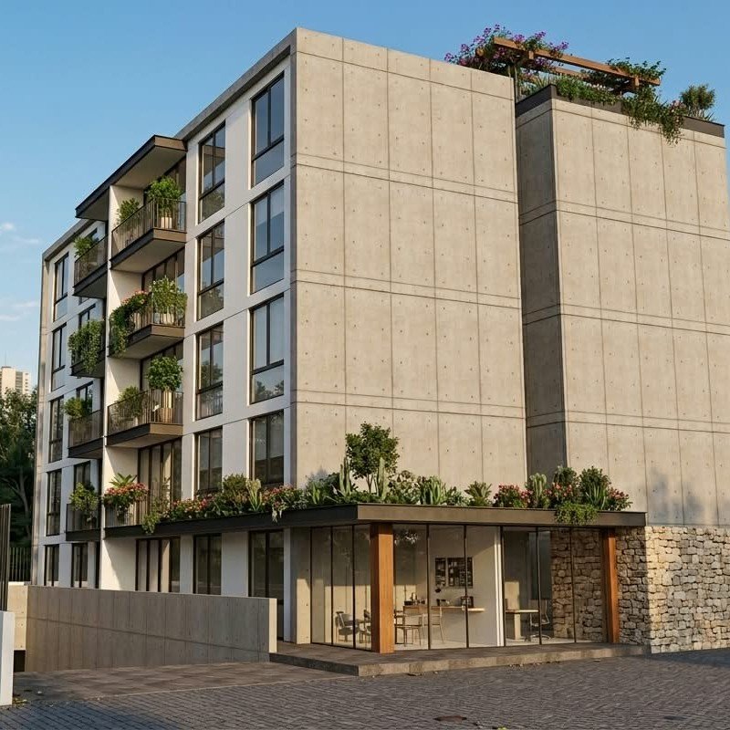 Vista exterior de un edificio residencial integrado con áreas ajardinadas